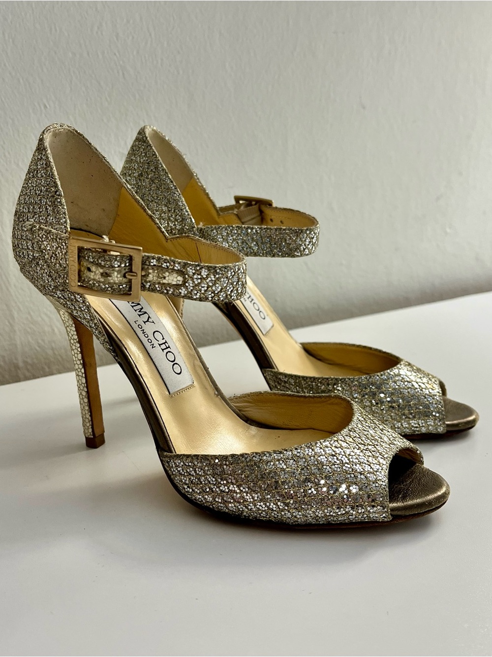 Jimmy Choo Glitter Peep Toe Mary Jane Pumps Size 35